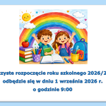 Grafika przedstawia dzieci na tle przyborów szkolnych - dotyczy rozpoczęcia roku szkolnego